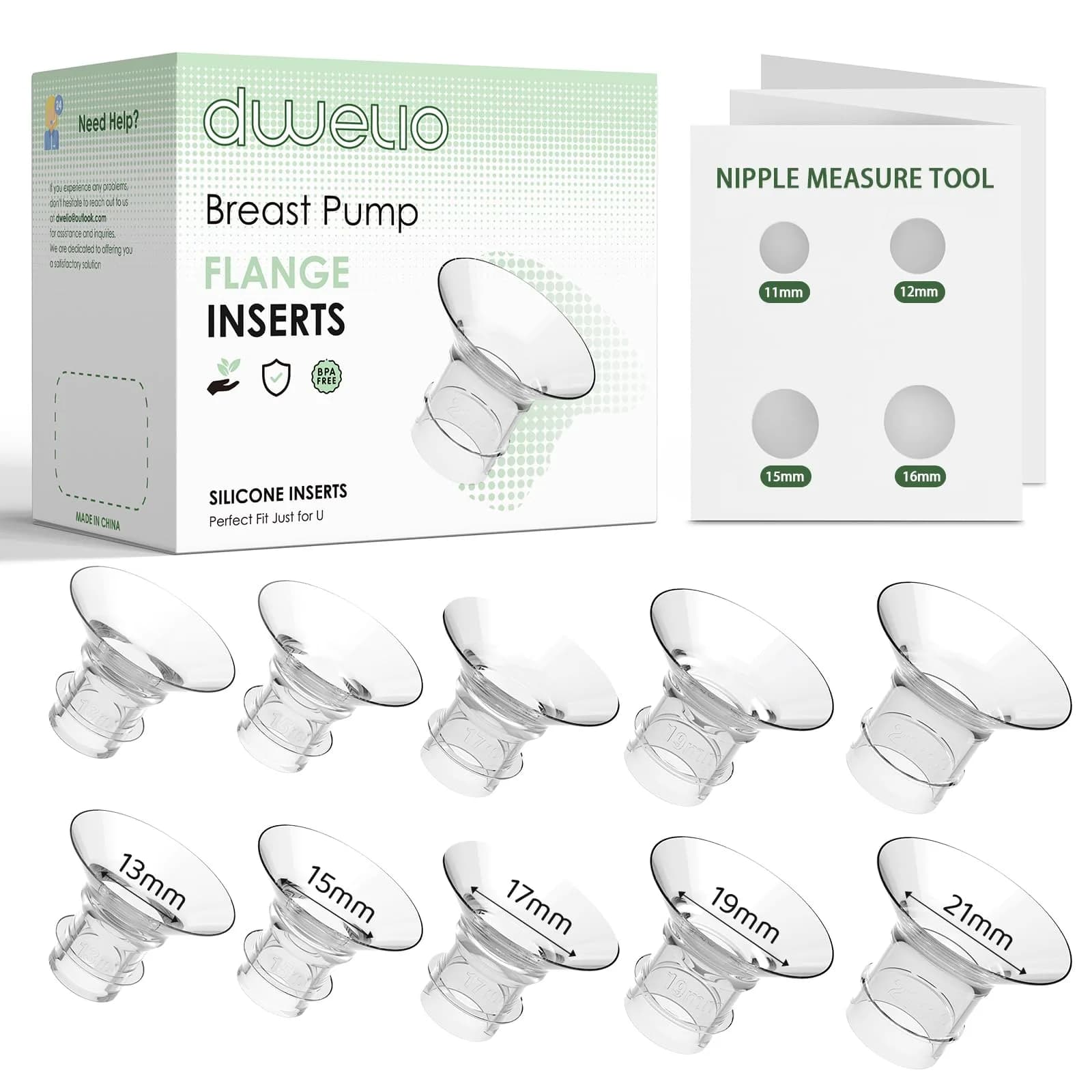 Dwelio Flange Sizing Kit with 10PCS 13/15/17/19/21mm Flange Inserts | Customizable Fit for Breast Pumps