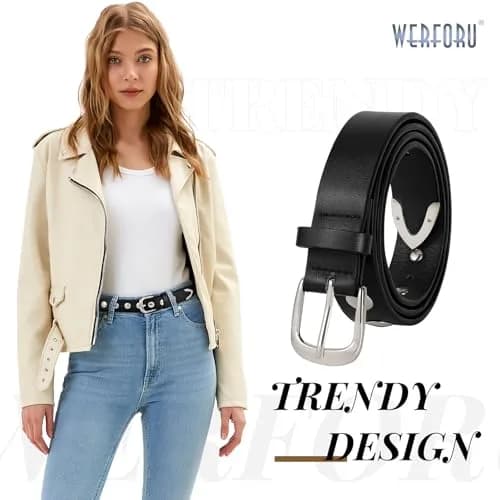 WERFORU Women's Studded Leather Belt with Gold Buckle for Jeans & Dresses, 31"-35" Waist Adjustable | Punk Fashion Accessory thumbnail 2