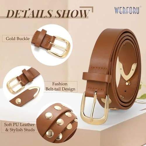 WERFORU Women's Studded Leather Belt with Gold Buckle, 25"-30" Waist Adjustable | Punk Fashion Style thumbnail 5