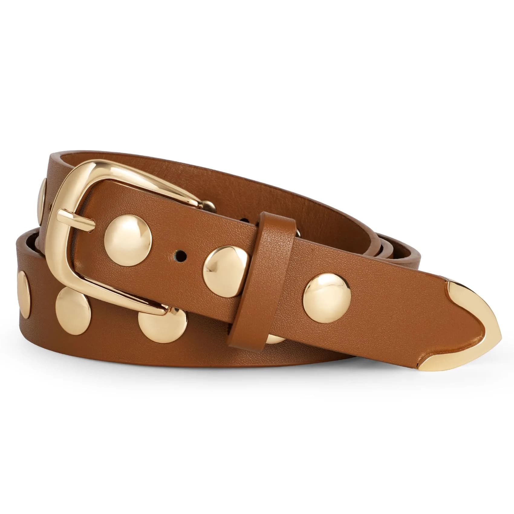 WERFORU Women's Studded Leather Belt with Gold Buckle, Adjustable 25"-30" Waist | Punk Vintage Fashion — Brown