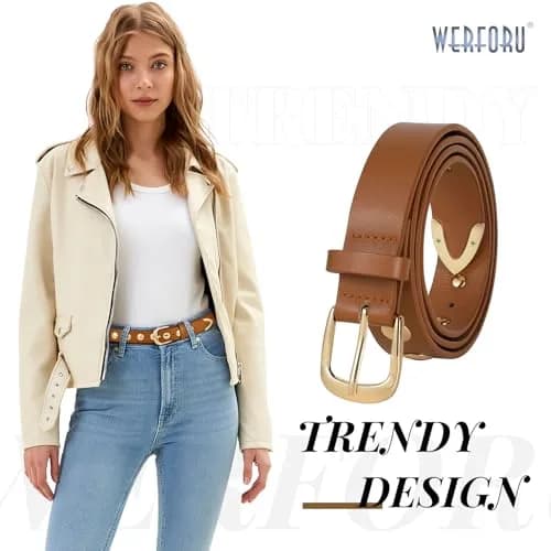 WERFORU Women's Studded Leather Belt with Gold Buckle, 25"-30" Waist Adjustable | Punk Fashion Style thumbnail 2