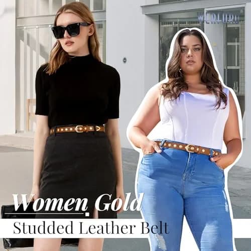 WERFORU Women's Studded Leather Belt with Gold Buckle, 25"-30" Waist Adjustable | Punk Fashion Style thumbnail 3