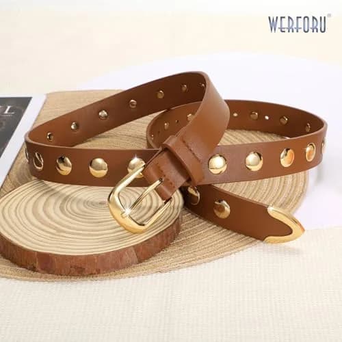 WERFORU Women's Studded Leather Belt with Gold Buckle, 25"-30" Waist Adjustable | Punk Fashion Style thumbnail 4