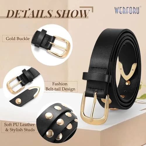 WERFORU Women's Studded Leather Belt with Gold Buckle, 42"-45" Waist Adjustable | Punk Fashion Style thumbnail 5