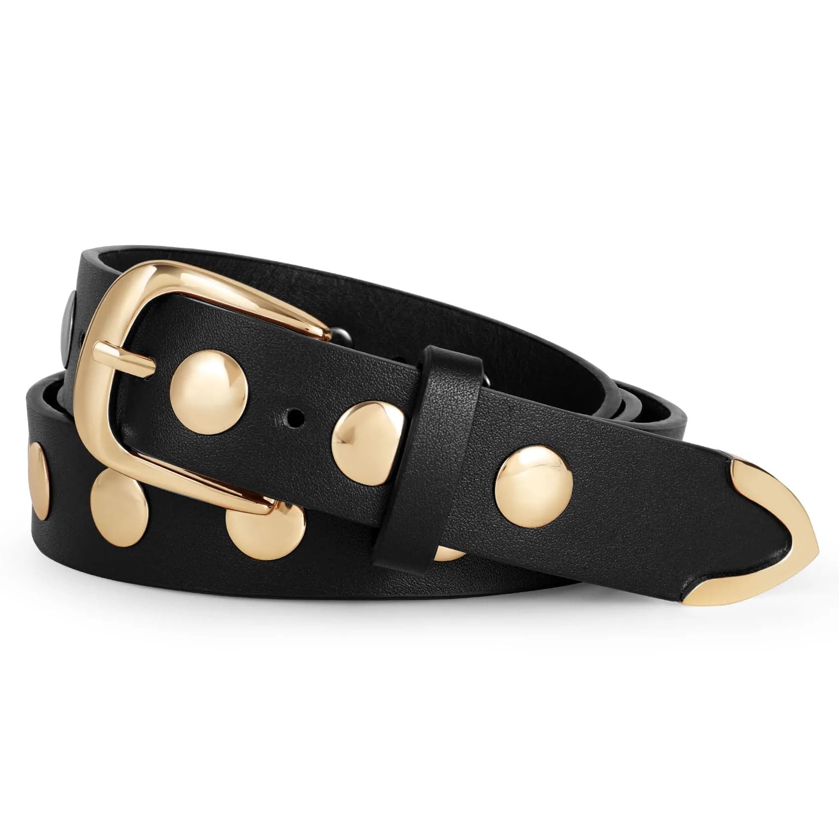 WERFORU Women's Studded Leather Belt with Gold Buckle, Adjustable 25"-30" Waist | Punk Vintage Fashion — A-black-gold / 42"-45" Waist Adjustable