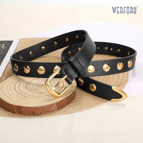 WERFORU Women's Studded Leather Belt with Gold Buckle, Adjustable 25"-30" Waist | Punk Vintage Fashion thumbnail 4