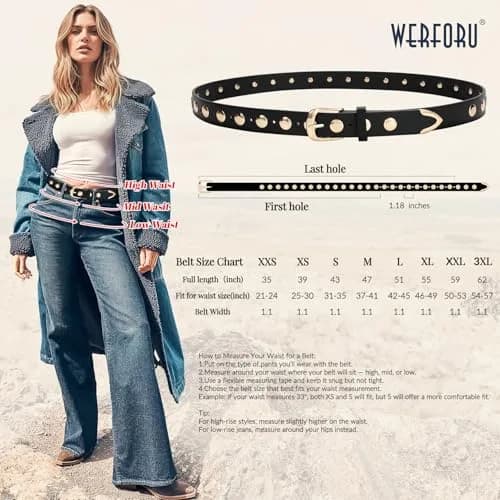 WERFORU Women's Studded Leather Belt with Gold Buckle, Adjustable 25"-30" Waist | Punk Vintage Fashion thumbnail 6