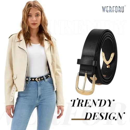 WERFORU Women's Studded Leather Belt with Gold Buckle, Adjustable 25"-30" Waist | Punk Vintage Fashion thumbnail 2
