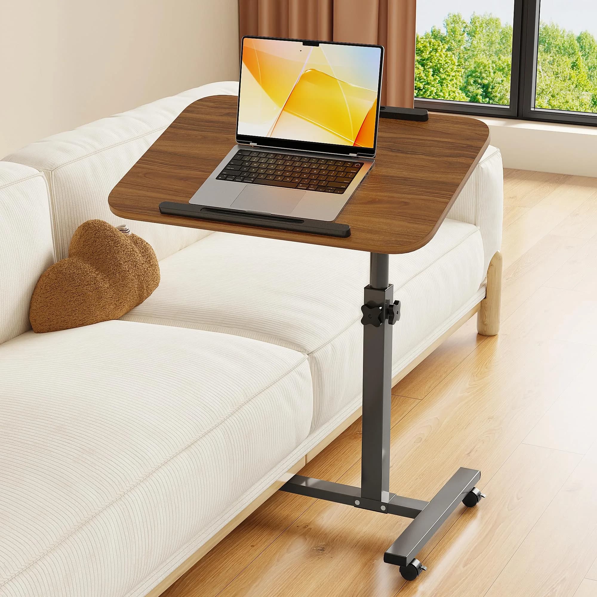 Furist Adjustable Overbed Bedside Table with Wheels, Oak Grey | 93cm (36.6") Height | Modern Style — Light Walnut