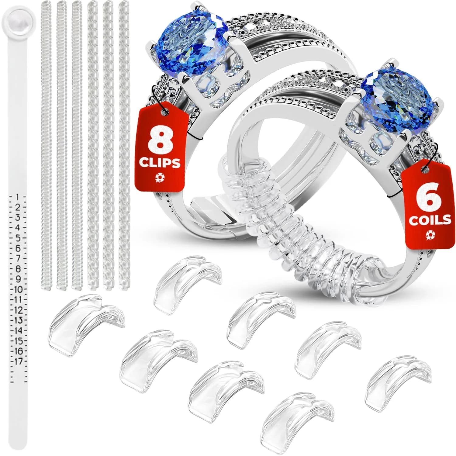 5 STARS UNITED Ring Sizers for Loose Rings - 15-Piece Kit with US Sizes 1-17 Gauge & Adjusters | Secure Fit for All Rings