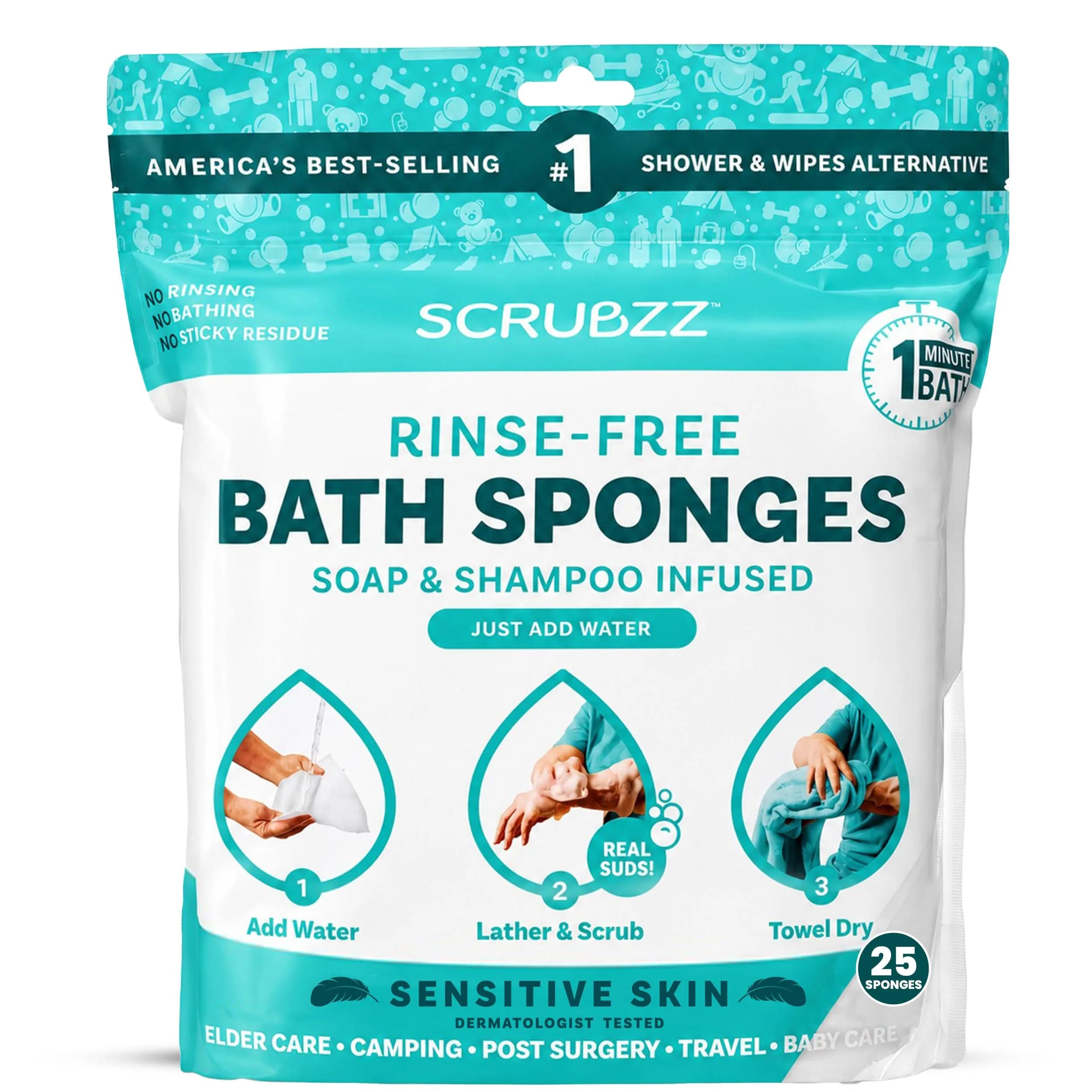 Scrubzz Sensitive Skin Rinse-Free Bathing Wipes 25 Count (19.8cm x 19.8cm) | Hypoallergenic & pH-Balanced for Gentle Cleansing