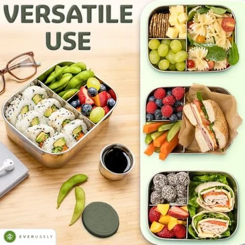 Eversusely Stainless Steel Bento Box + Condiment Container Sage 800ml (27oz) | Leakproof Lunch Box for Indian Meals thumbnail 5