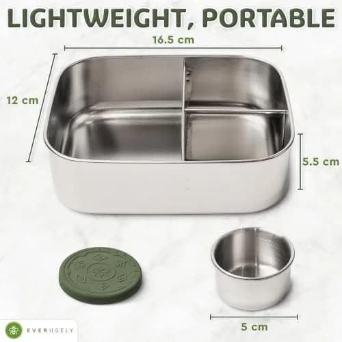 Eversusely Stainless Steel Bento Box + Condiment Container Sage 800ml (27oz) | Leakproof Lunch Box for Indian Meals thumbnail 7