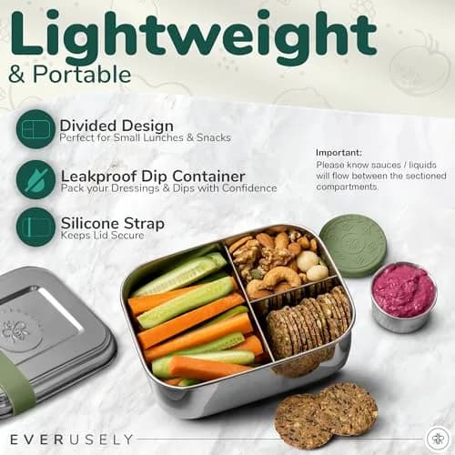 Eversusely Stainless Steel Bento Box + Condiment Container Sage 800ml (27oz) | Leakproof Lunch Box for Indian Meals thumbnail 2