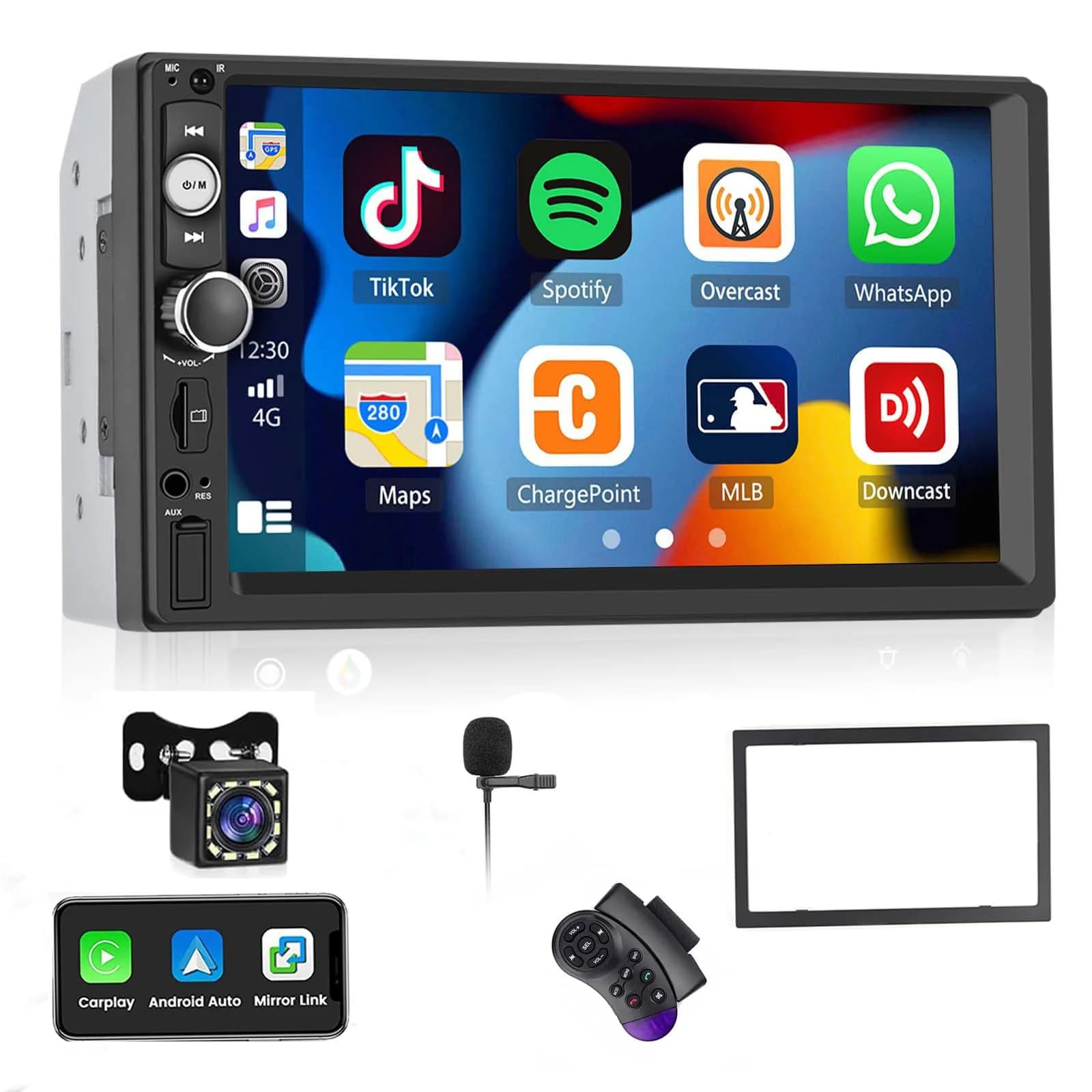 UNITOPSCI Double Din Car Stereo with Apple CarPlay & Android Auto, 7" HD Touchscreen | 2 Din Car Radio MP5 Player with Bluetooth, AUX/USB/TF Card, Mirror Link, FM, SWC + Backup Camera & Mic