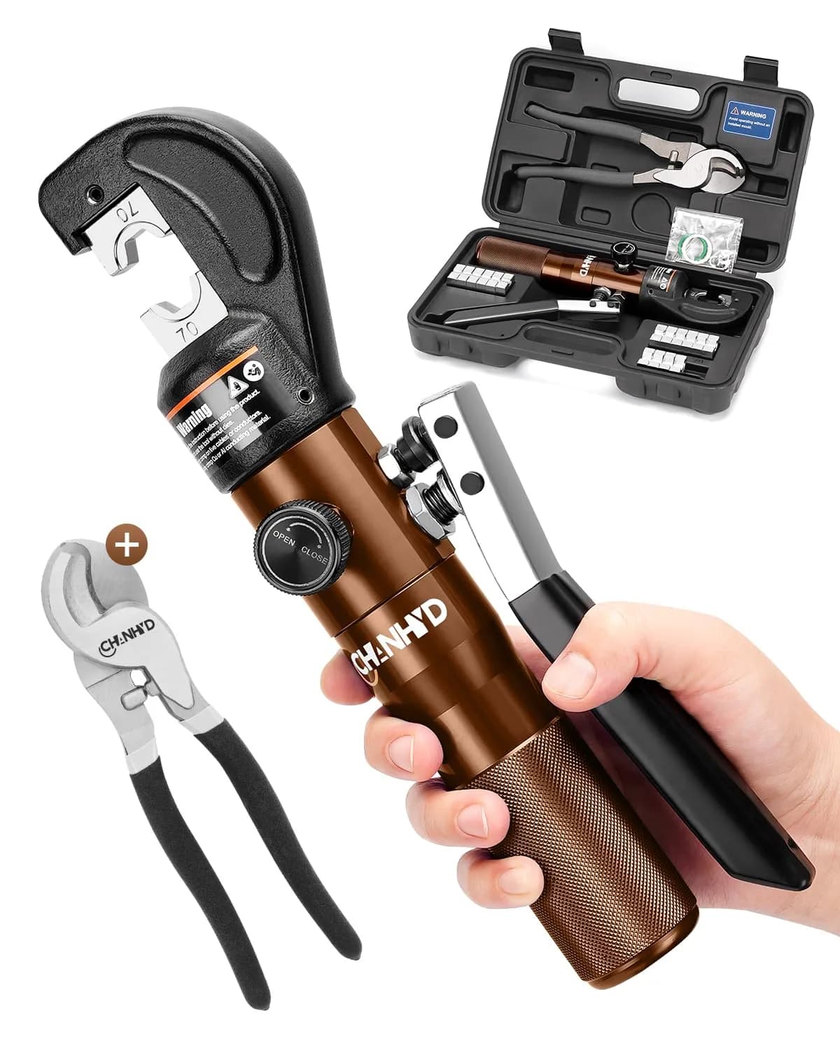 CHANHYD Hydraulic Wire Battery Cable Lug Terminal Crimper with 9 Dies for 12 AWG to 2/0 Electrical Terminal Cables | 8 US Ton Force — Cable Lug Crimping Tool
