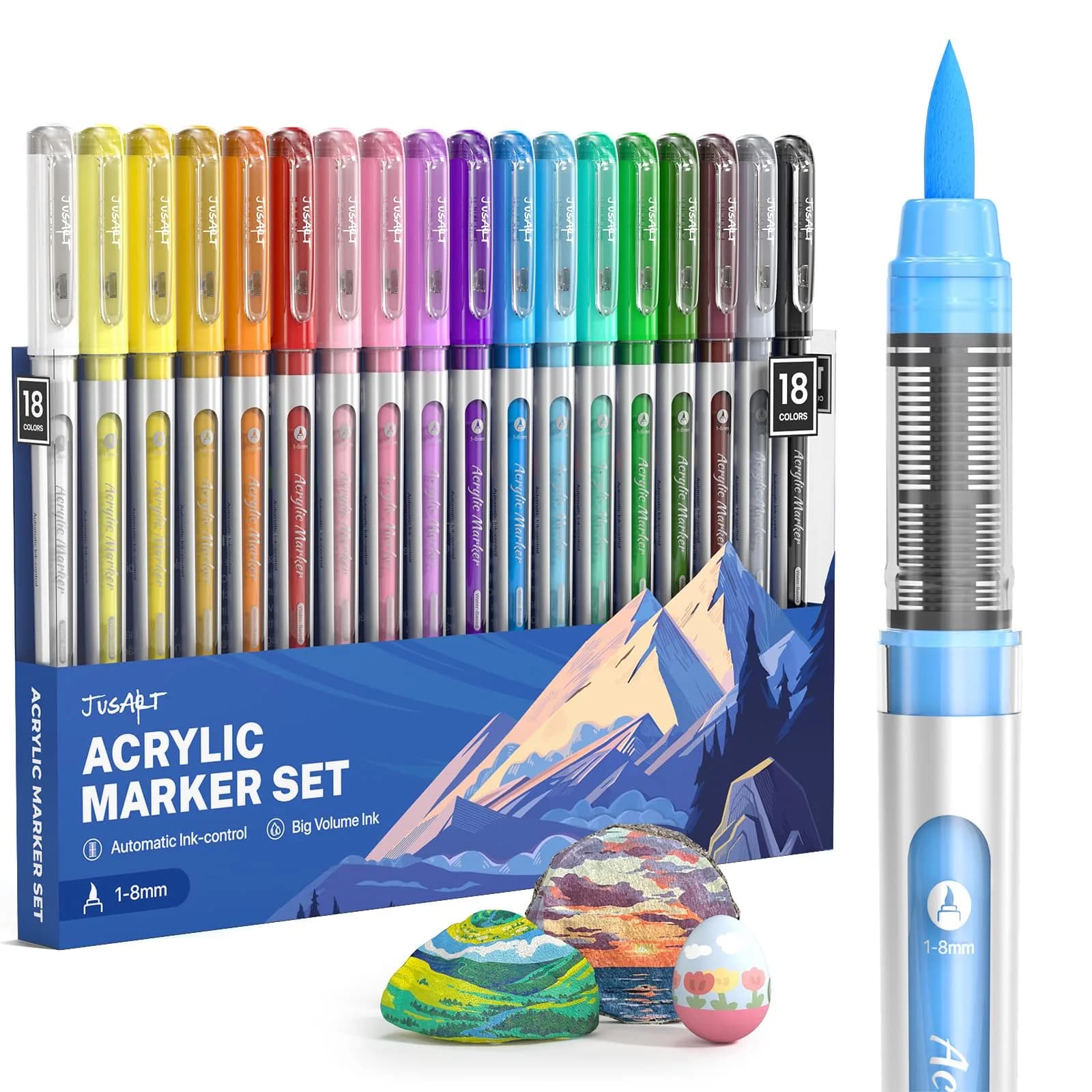 JusArt Acrylic Paint Markers Brush Tip 18 Colors, Automatic Ink Control | Water-Based, Non-Toxic, Waterproof