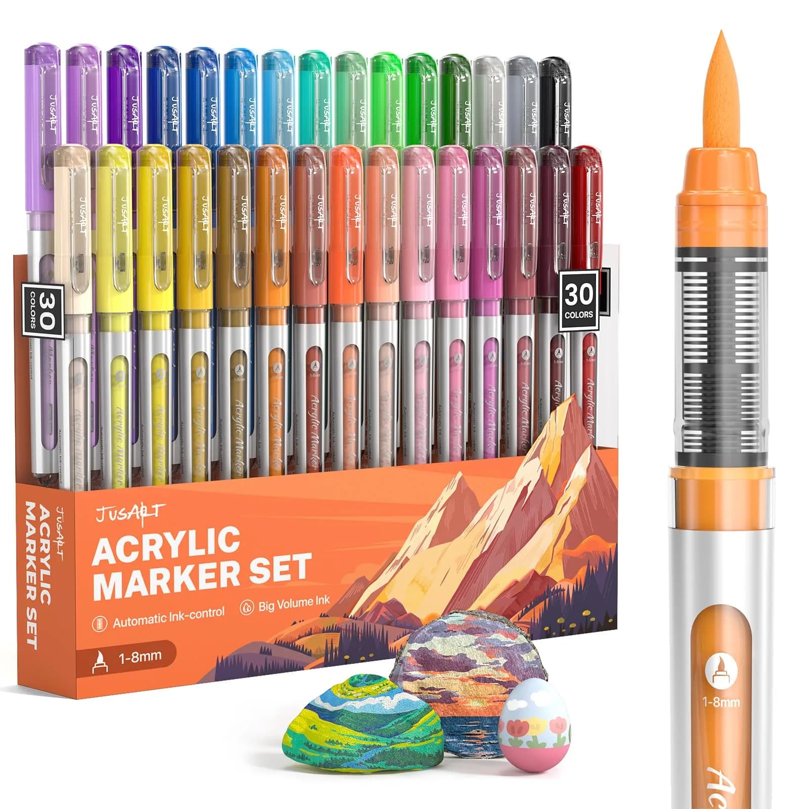 JusArt 72 Colors Acrylic Paint Markers Brush Tip, Automatic Ink Control, 1-8mm Line Size | ASTM D4236 Certified — 30 Colors