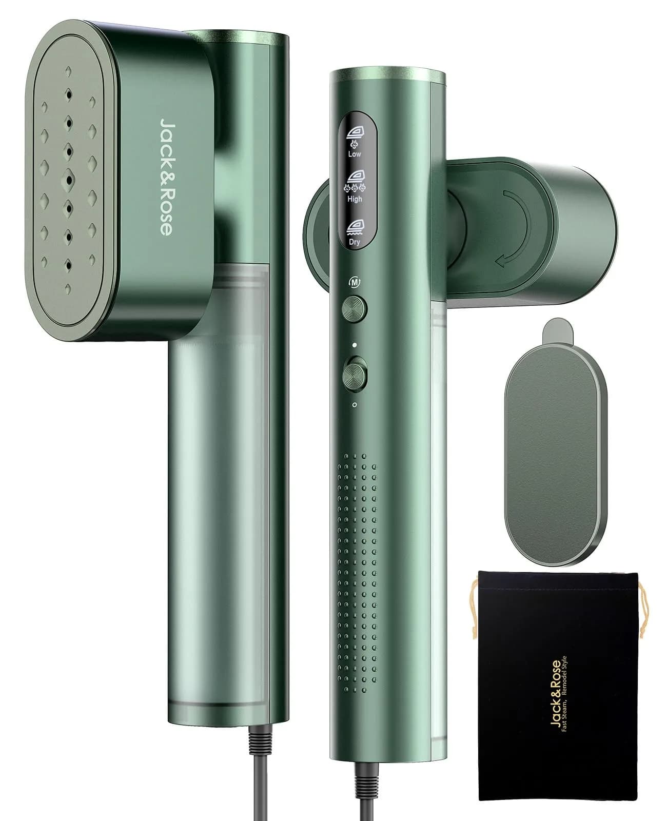 Jack & Rose K1 Travel Steamer for Clothes, 150ml (5 oz) | Dual Voltage 100-240V Garment Steamer — Green