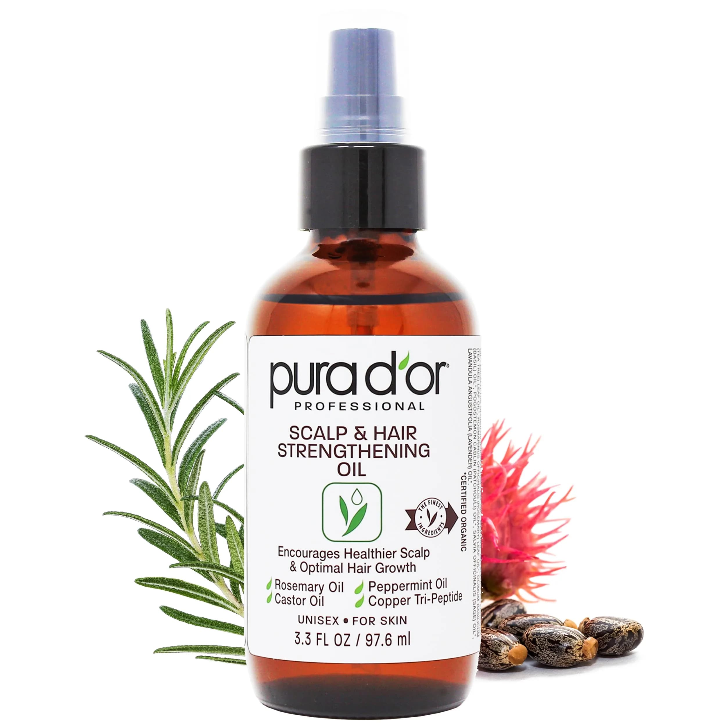 PURA D'OR Organic Rosehip Seed Oil 4 Fl Oz (118ml) | USDA Certified Pure Cold Pressed for Hair, Skin, Scalp — Scalp & Hair Strengthening Oil / 3.3 Fl Oz