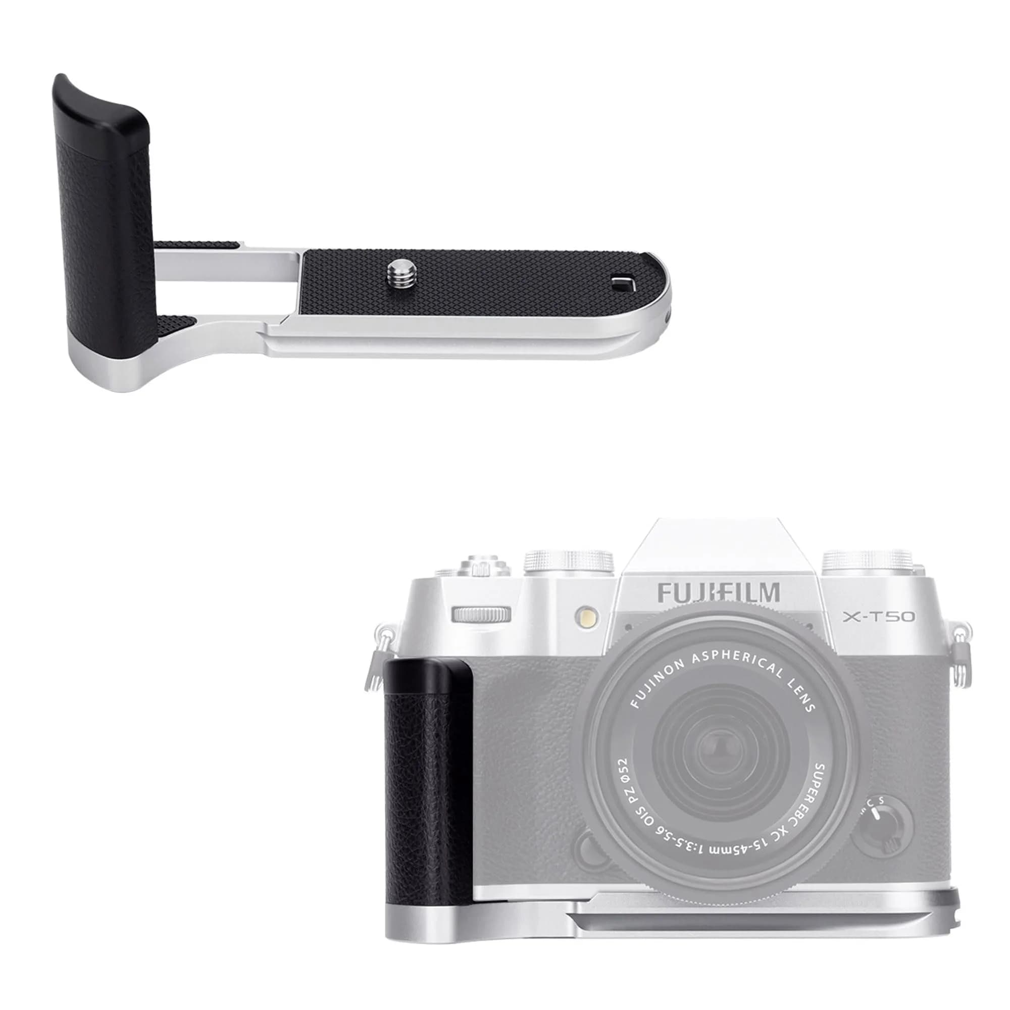 JJC Metal Hand Grip L-Shape Handle for Fujifilm X-T50 Camera, Silver | Arca Swiss Quick Release Base & 1/4''-20 Tripod Hole - main product image
