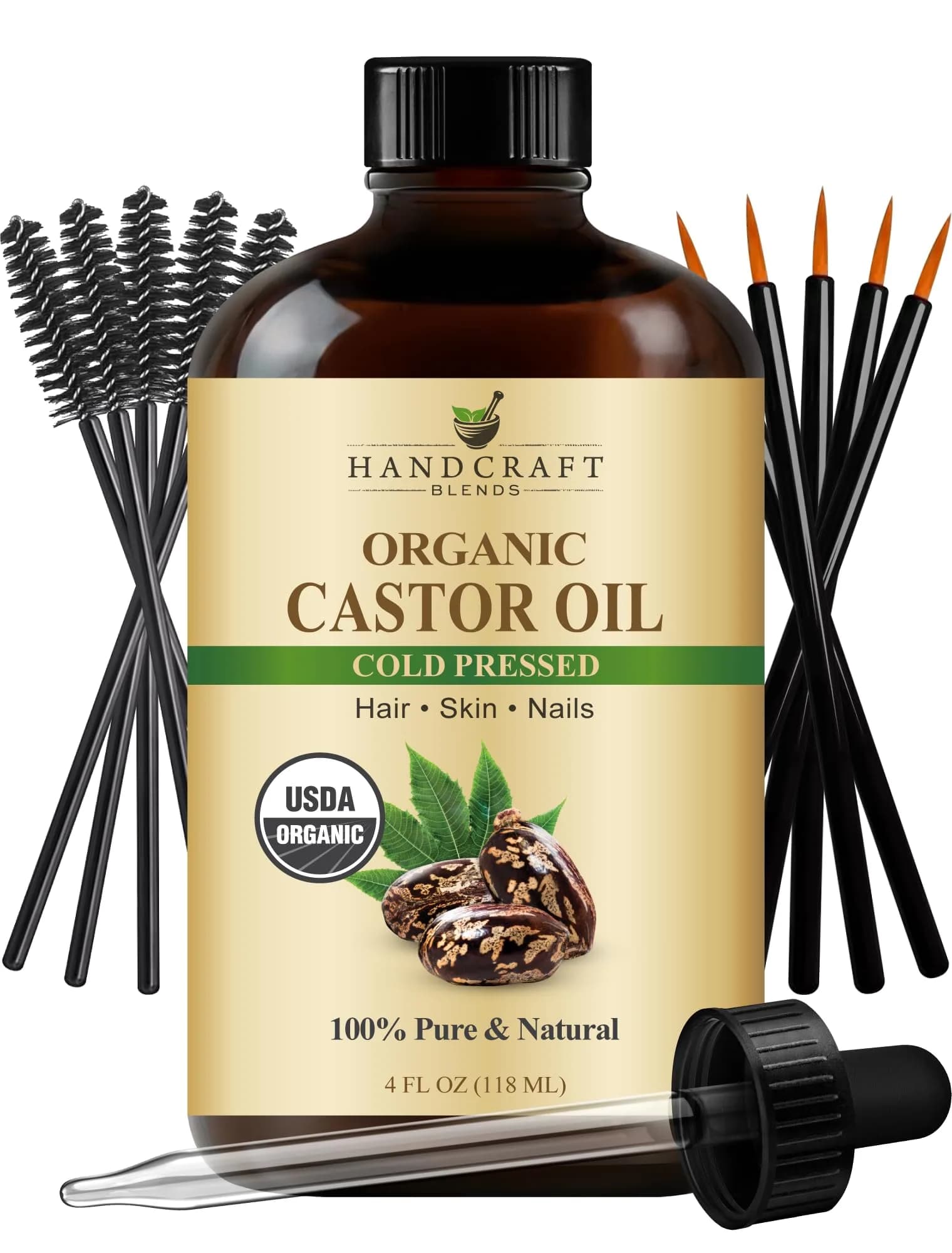 Handcraft Blends Organic Castor Oil 473ml (16 Fl Oz) | USDA Organic, Pure & Natural Carrier Oil for Hair Growth, Skin & Body — 4 Fl Oz