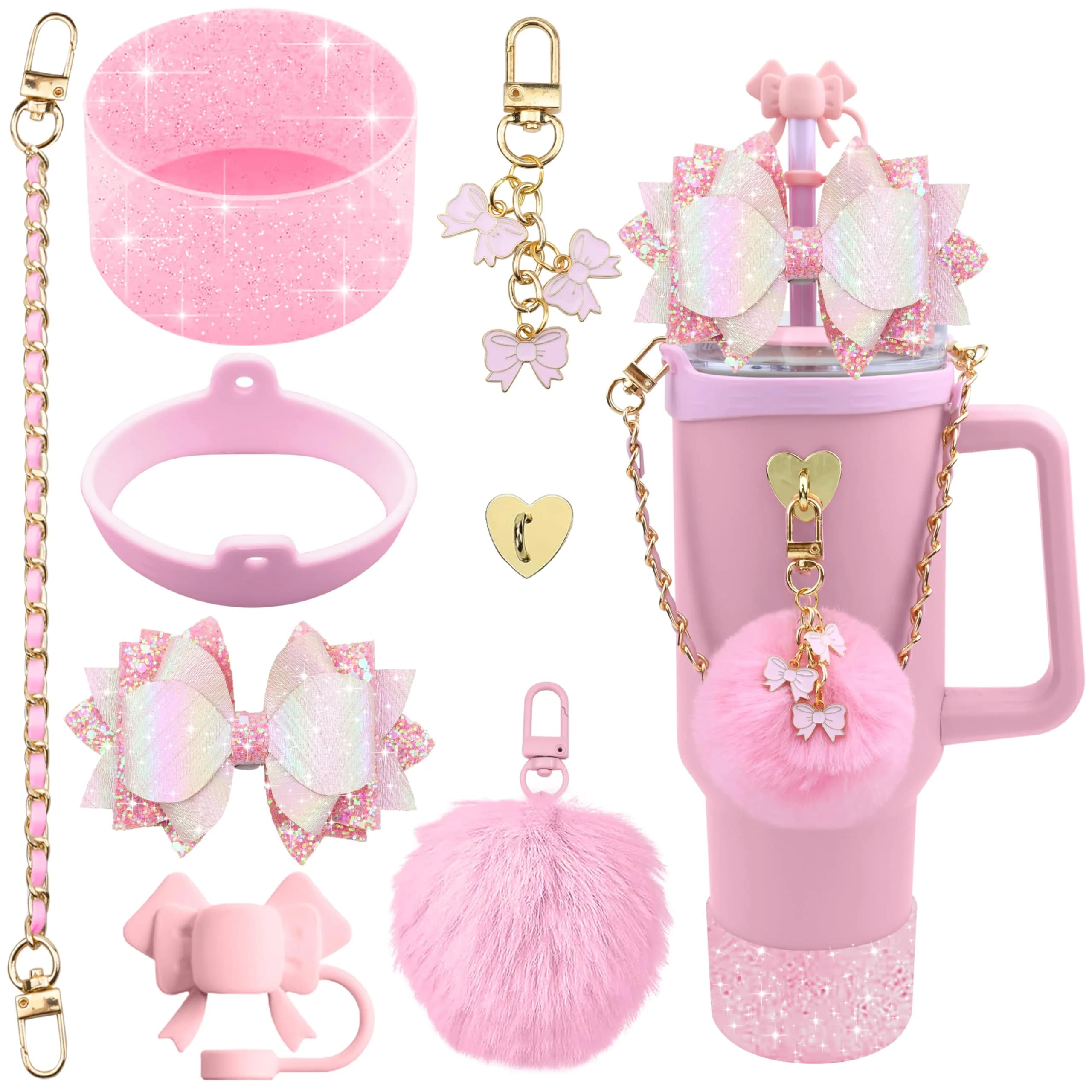 SEMATA Bling Bow Tumbler Accessories for Stanley Cup 30 40oz | Silicone Bow Cover & Charms — A1-Pink