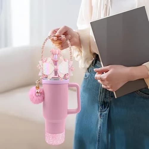 SEMATA Bling Bow Tumbler Accessories for Stanley Cup 40oz & 30oz | Pink Set with Straw Topper, Boot, Handle Strap & Charms thumbnail 4