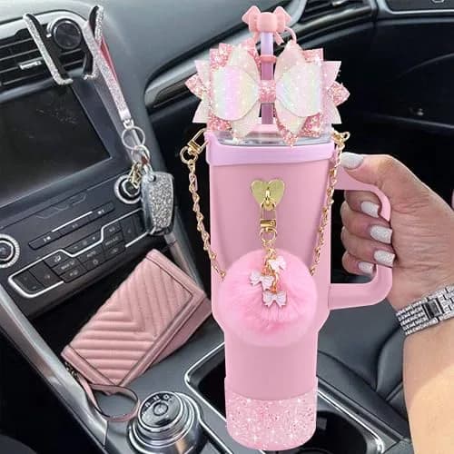 SEMATA Bling Bow Tumbler Accessories for Stanley Cup 40oz & 30oz | Pink Set with Straw Topper, Boot, Handle Strap & Charms thumbnail 5
