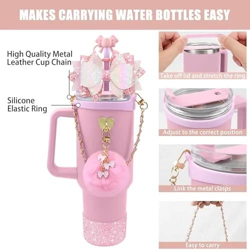 SEMATA Bling Bow Tumbler Accessories for Stanley Cup 40oz & 30oz | Pink Set with Straw Topper, Boot, Handle Strap & Charms thumbnail 2