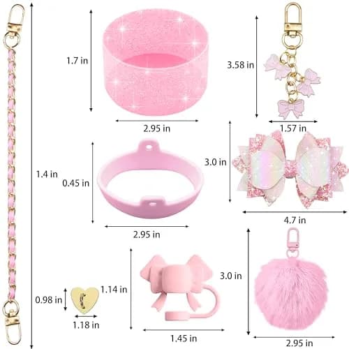 SEMATA Bling Bow Tumbler Accessories for Stanley Cup 40oz & 30oz | Pink Set with Straw Topper, Boot, Handle Strap & Charms thumbnail 3
