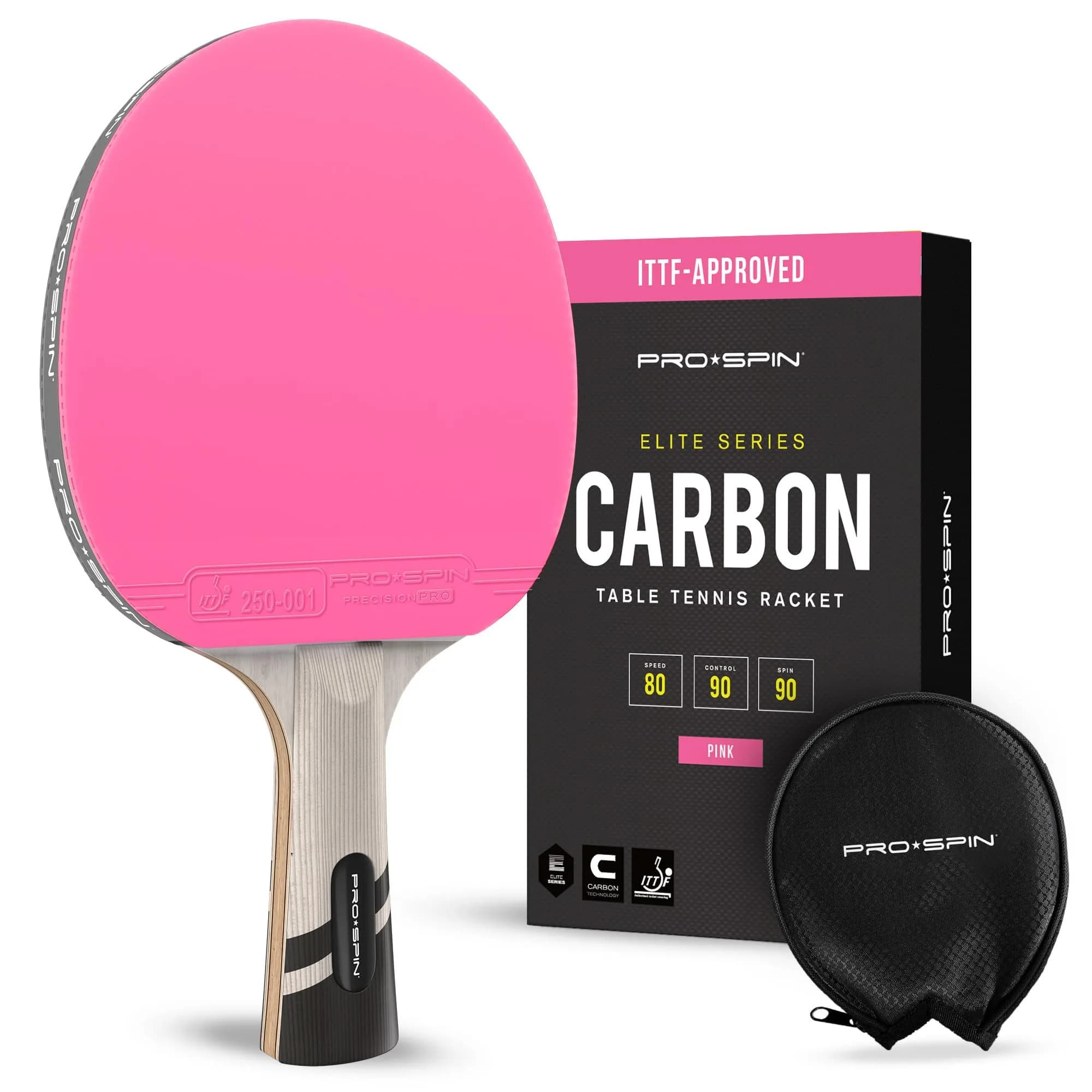 PRO-SPIN Carbon Fiber Table Tennis Racket | 7-Ply Blade, ITTF Approved Rubber, 2.0mm Sponge, Pink 1-Pack
