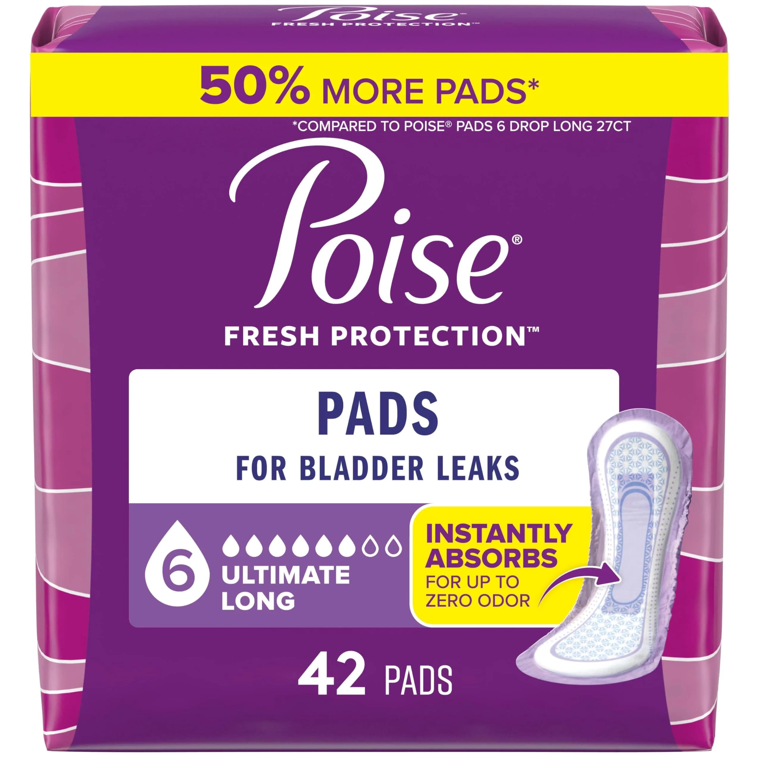 Poise Incontinence Pads for Women, 6 Drop Ultimate Absorbency, 52 Count | USA Import with 12-Hour Odor Control — Long