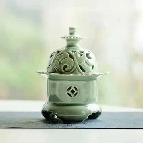 Hermit Life Three-Legged Incense Burner (Celadon), Porcelain Incense Holder with Lotus-Shaped Lid, Green | Song Dynasty Style thumbnail 1