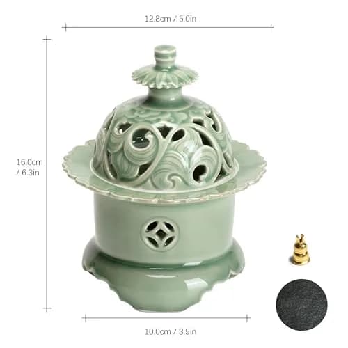 Hermit Life Three-Legged Incense Burner (Celadon), Porcelain Incense Holder with Lotus-Shaped Lid, Green | Song Dynasty Style thumbnail 2