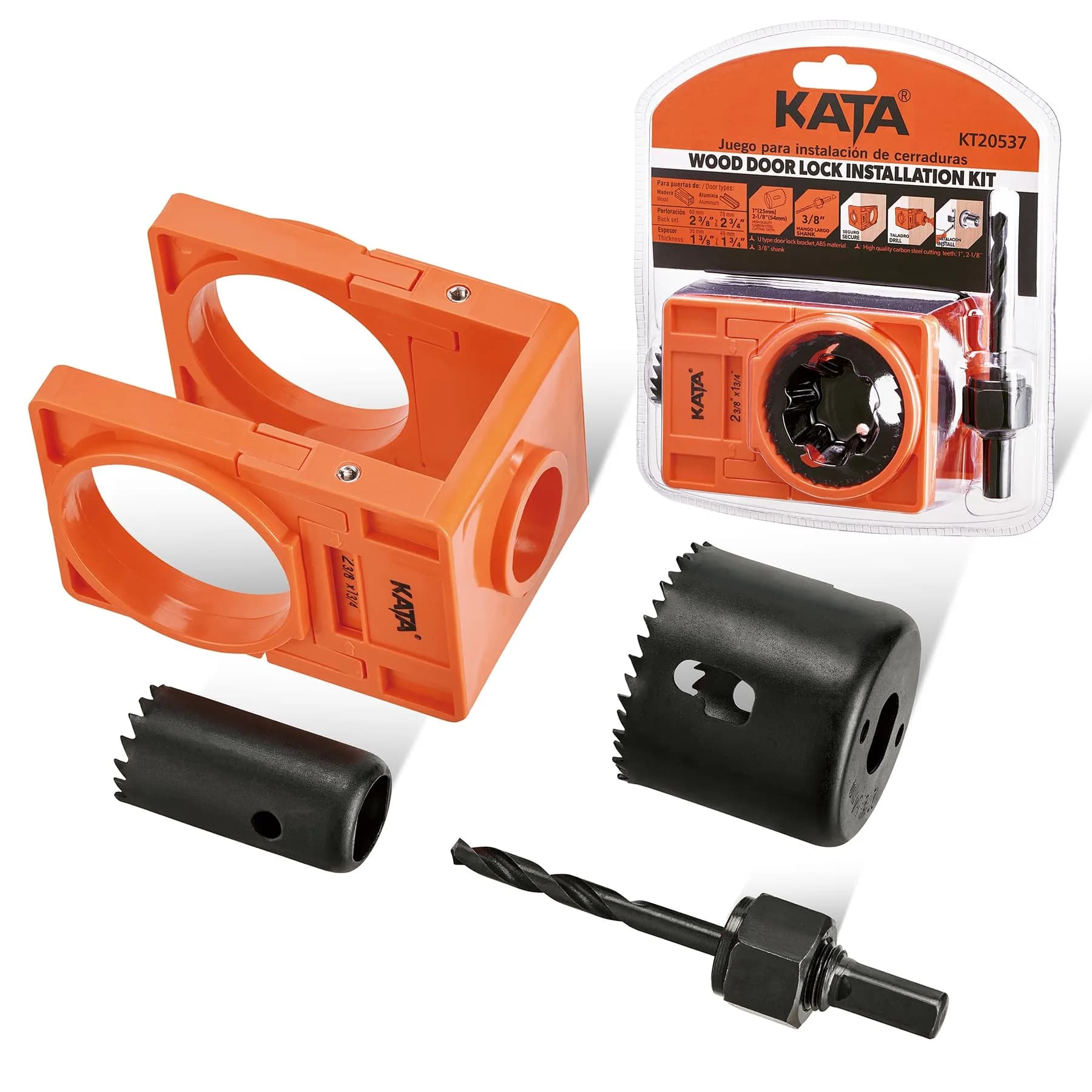 KATA Door Lock Installation Kit for Door Knob & Deadbolt, 25mm (1") & 54mm (2-1/8") Hole Saws | DIY Wood Door Lock Jig