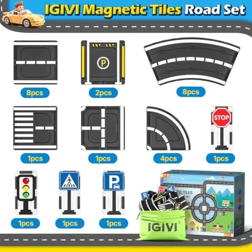 IGIVI Magnetic Tiles Road Set, 45° Curve Road Expansion, Magnetic Building Blocks for Kids 3+ | Creative Montessori Toy thumbnail 5