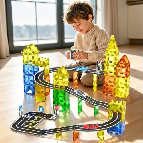 IGIVI Magnetic Tiles Road Set, 45° Curve Road Expansion, Magnetic Building Blocks for Kids 3+ | Creative Montessori Toy thumbnail 4