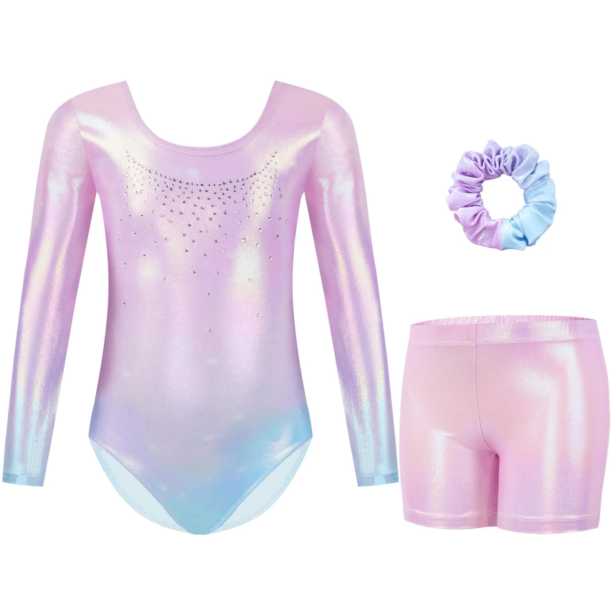 Gogokids Girls Long Sleeve 3 Pcs Gymnastics Leotard Set with Shorts | Sparkling Rhinestones, Breathable Polyester & Spandex, Age 3-12 - main product image
