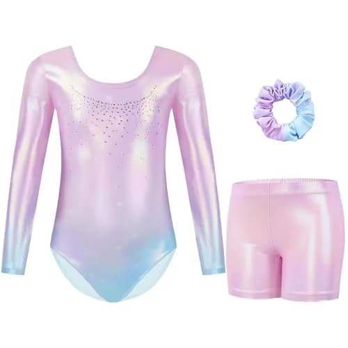 Gogokids Girls Long Sleeve 3 Pcs Gymnastics Leotard Set with Shorts | Sparkling Rhinestones, Breathable Polyester & Spandex, Age 3-12 thumbnail 1