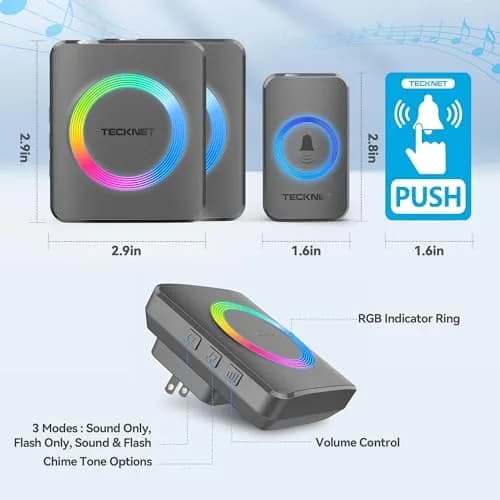 TECKNET Wireless Doorbell Kit with 2 Plug-in Receivers, 1300 ft Range, IP65 Waterproof, 60 Chimes & 5 Volume Levels, RGB Light, Grey thumbnail 7