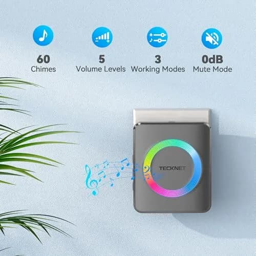 TECKNET Wireless Doorbell Kit with 2 Plug-in Receivers, 1300 ft Range, IP65 Waterproof, 60 Chimes & 5 Volume Levels, RGB Light, Grey thumbnail 2