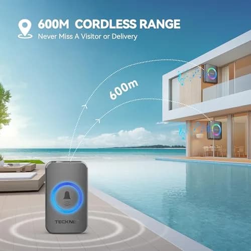TECKNET Wireless Doorbell Kit with 2 Plug-in Receivers, 1300 ft Range, IP65 Waterproof, 60 Chimes & 5 Volume Levels, RGB Light, Grey thumbnail 3