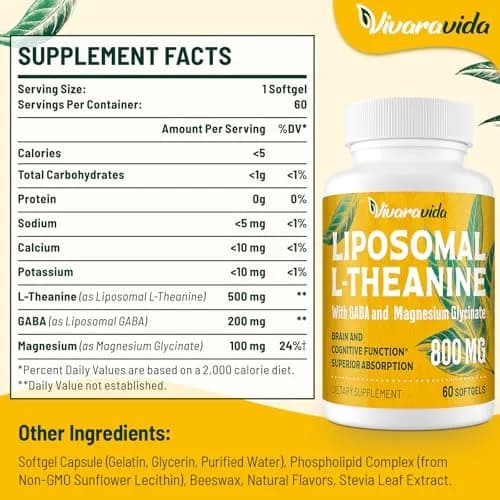 Vivaravida L-Theanine 800mg Supplement with GABA and Magnesium Glycinate | Sleep & Relaxation (60 Softgels) thumbnail 2