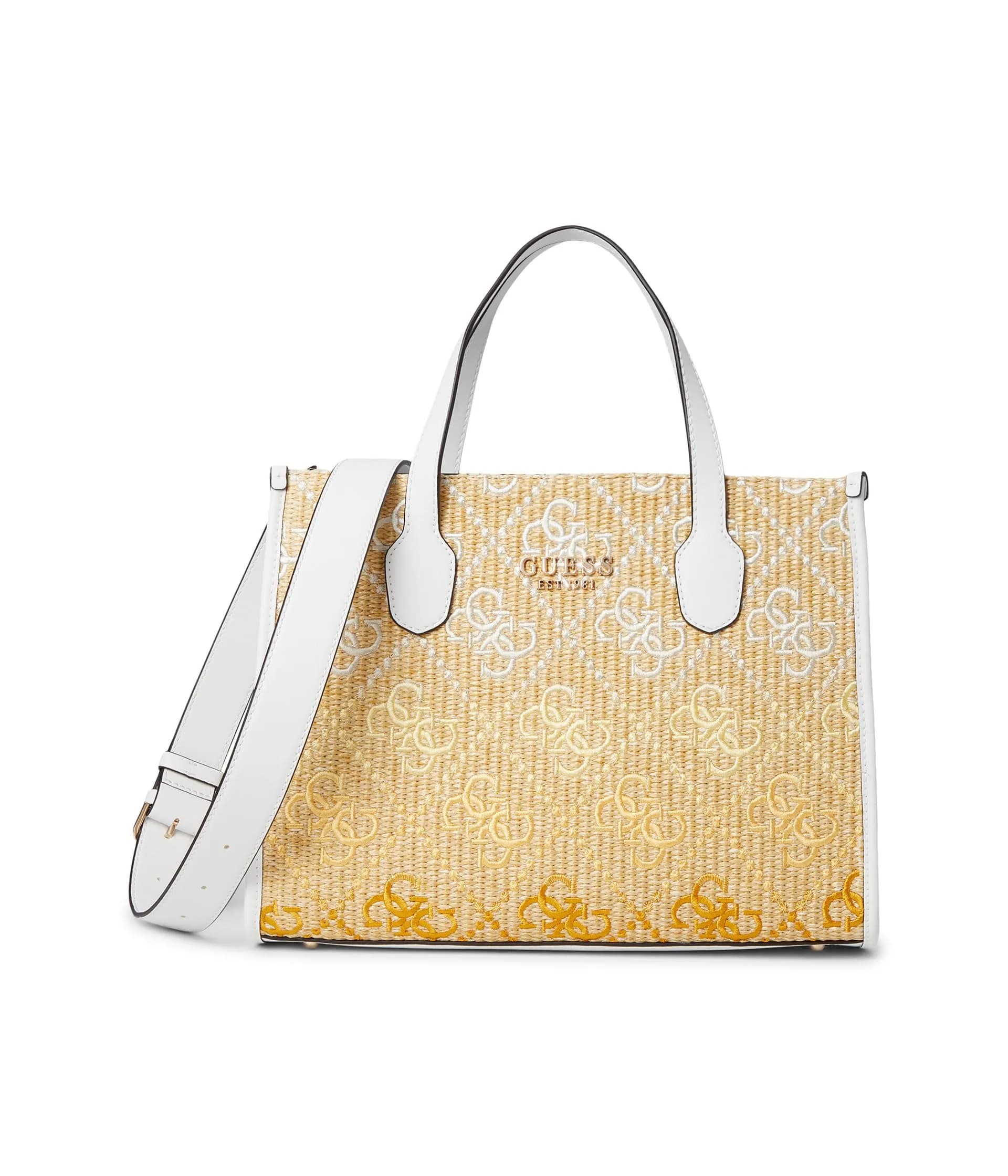 GUESS Silvana Raffia Tote | Modern Top-Handle Bag with Gold Hardware (13.25 in) — Cornsilk Logo