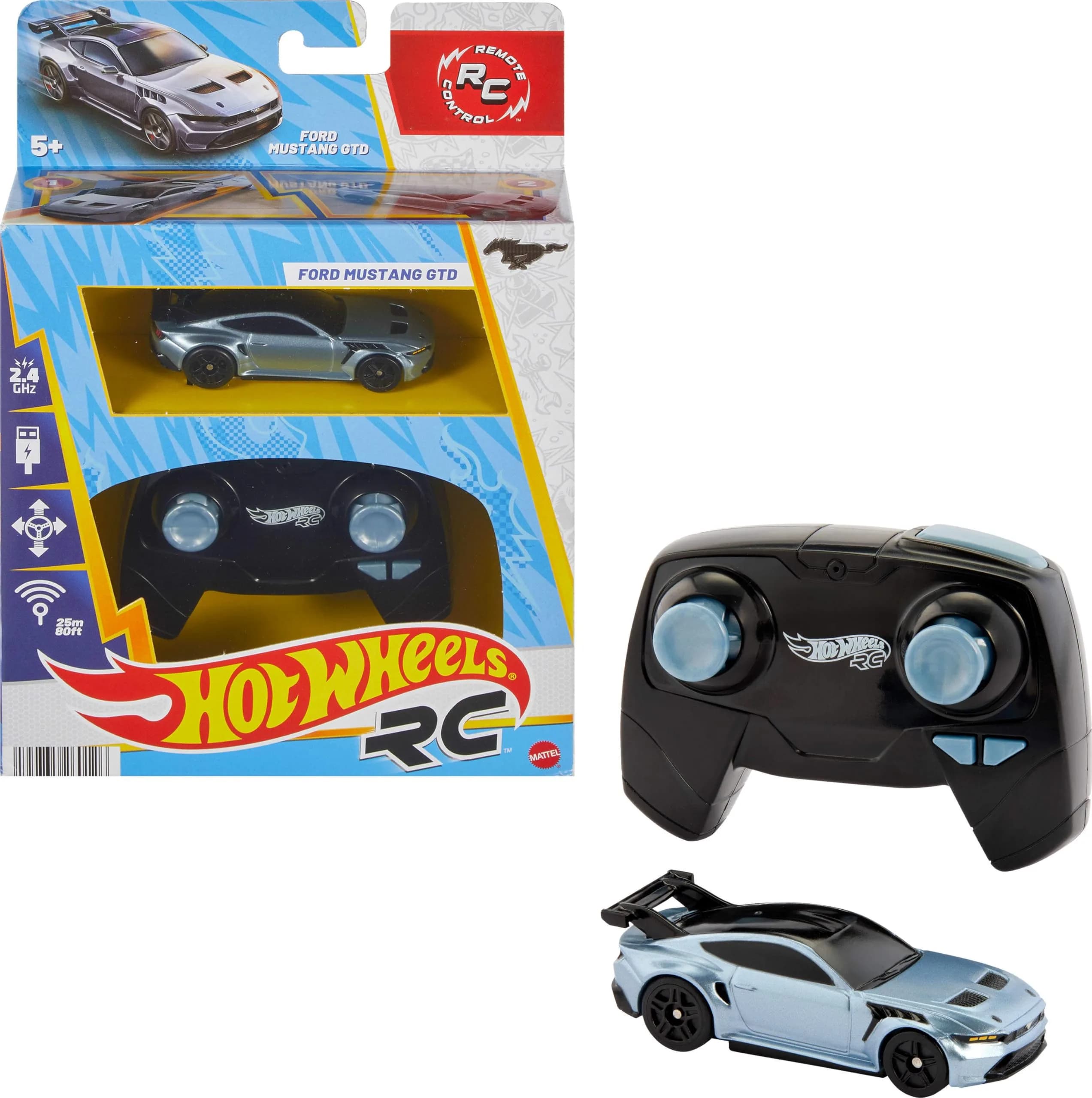 Hot Wheels RC Ford Mustang GTD 1:64 Scale | ASTM-Tested, Rechargeable Toy Car — Multicolor