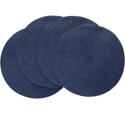 Floroom Navy Blue Braided Round Placemats Set of 4 | 38 cm (15 Inch) Diameter | Washable Heat Resistant Cotton Polyester Circle Place Mats for Kitchen Dining Table thumbnail 1
