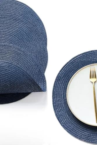 Floroom Navy Blue Braided Round Placemats Set of 4 | 38 cm (15 Inch) Diameter | Washable Heat Resistant Cotton Polyester Circle Place Mats for Kitchen Dining Table thumbnail 2
