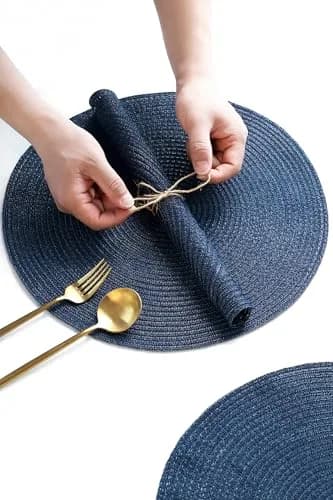 Floroom Navy Blue Braided Round Placemats Set of 4 | 38 cm (15 Inch) Diameter | Washable Heat Resistant Cotton Polyester Circle Place Mats for Kitchen Dining Table thumbnail 3