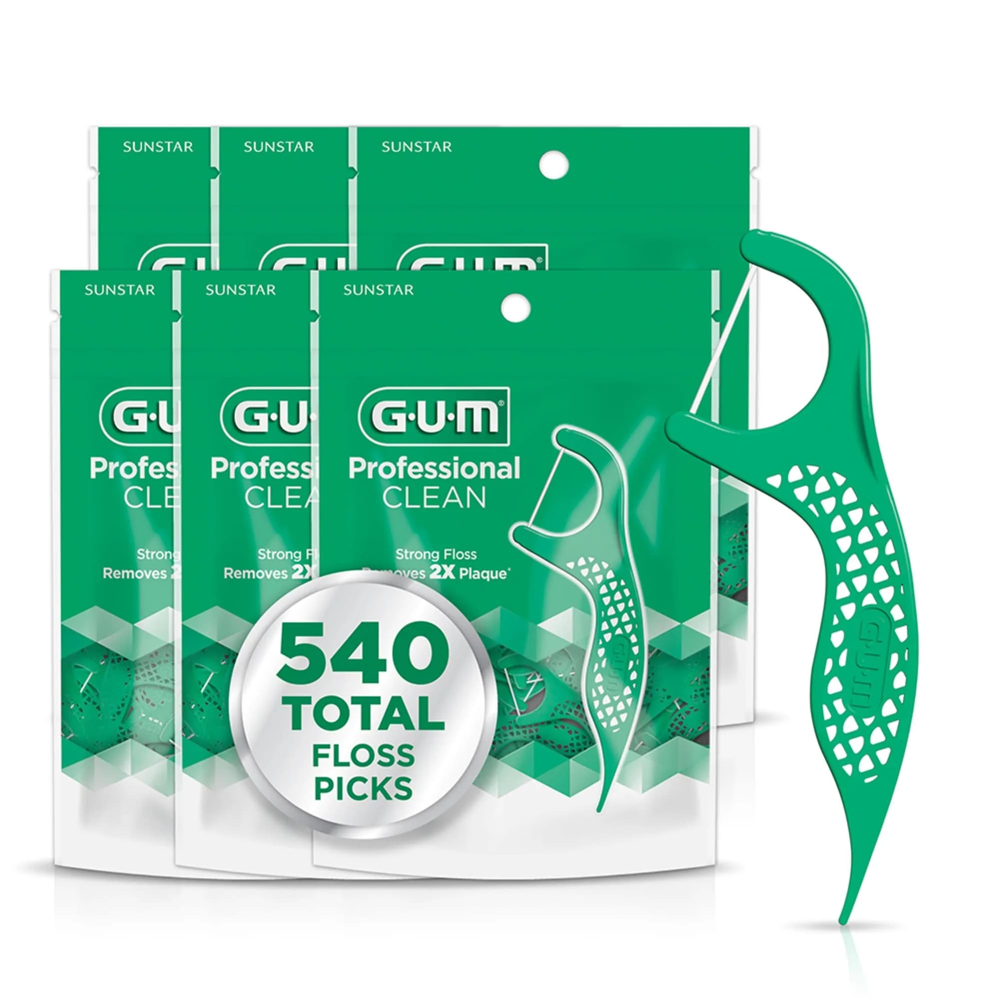 GUM Professional Clean Dental Floss Picks Fresh Mint 540 Count (6 x 90 Count) | Dermatologist Tested, Hypoallergenic - main product image